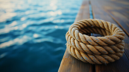 Fototapeta premium Coiled Rope on Dock. A close-up of a coiled rope resting on a wooden dock with the water in the background.