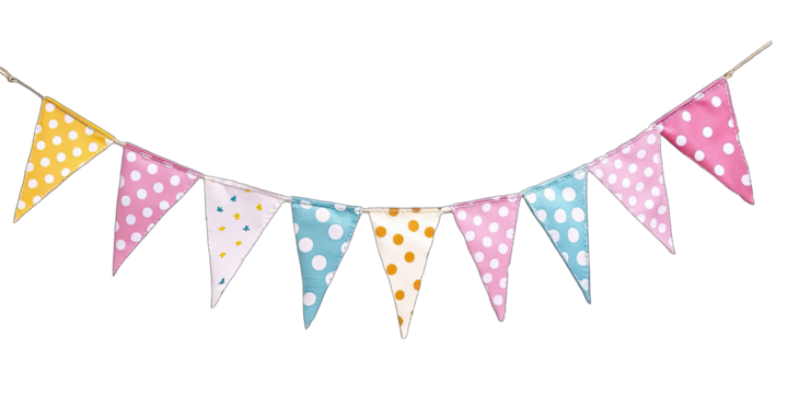 A colorful banner with a white background and a white flag with a pink