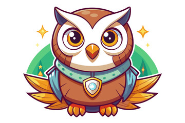 Naklejka premium Cartoon Owl with Golden Wings and a Blue Collar