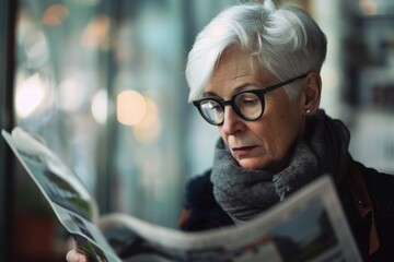 An older woman reads a newspaper with focus and curiosity. She wears glasses and a warm scarf. The ambiance is calm and reflective. This captures a moment in daily life. Generative AI