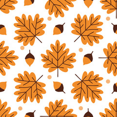 Fototapeta premium Orange maple leaves and acorns on white background. Ideal for seasonal projects, textiles, wrapping paper, fabric and festive decor. Vector seamless pattern in flat style.