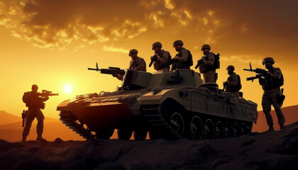 Soldiers who won together pose on a tank