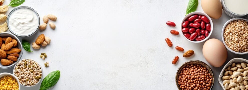 Proteins are large biomolecules and macromolecules that comprise one or more long chains of amino acid residues. Proteins foods banner with empty copyspace.