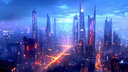 Fototapeta premium A futuristic city skyline showcasing towering buildings and neon lights. The scene is set at twilight, creating a vibrant atmosphere. 
