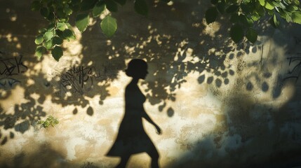 Fototapeta premium A woman's shadow dances on a wall, as sunlight filters through trees, creating a serene, urban scene.