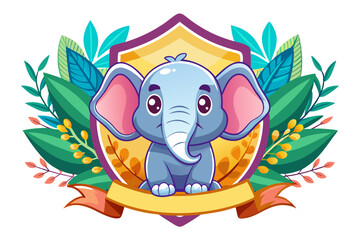 Fototapeta premium Cute Cartoon Elephant with Floral Frame and Blank Banner