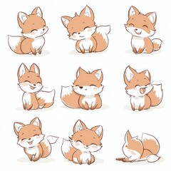 A collection of cute, cartoon-style fox illustrations displaying various playful poses and expressions.