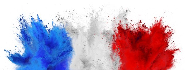 colorful flag of france with blue white and red color holi paint powder explosion isolated on white background. french tricolore national europe travel and tourism concept.