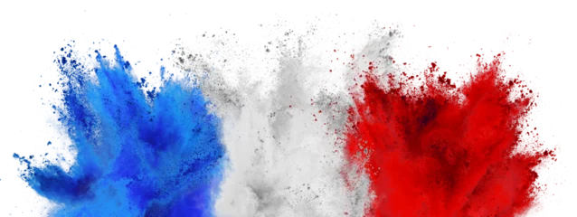 colorful flag of france with blue white and red color holi paint powder explosion isolated on white background. french tricolore national europe travel and tourism concept. © stockphoto-graf