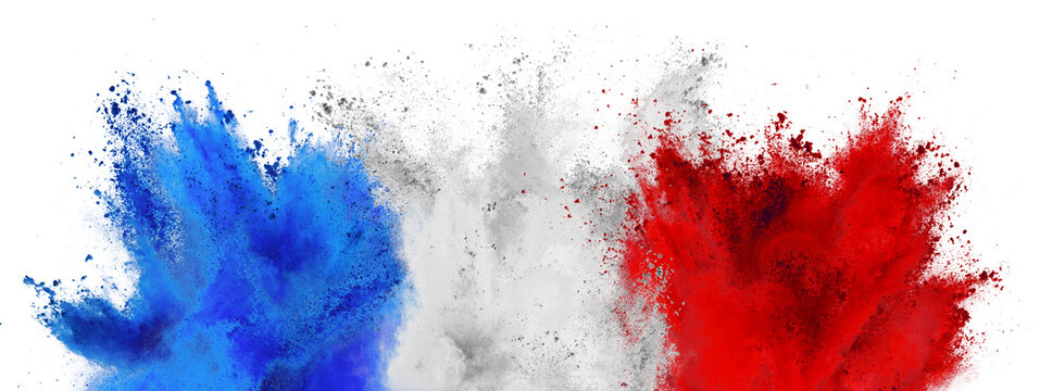 colorful flag of france with blue white and red color holi paint powder explosion isolated on white background. french tricolore national europe travel and tourism concept.