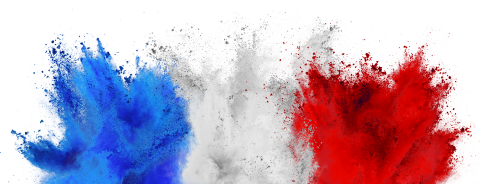 colorful flag of france with blue white and red color holi paint powder explosion isolated on white background. french tricolore national europe travel and tourism concept.