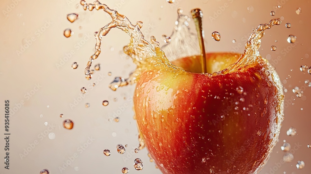 Poster red apple with crisp juice splashes in dynamic motion, perfect for a refreshing theme, copy space av