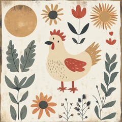 A whimsical illustration featuring a chicken surrounded by flowers and foliage.