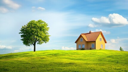 Obraz premium Serene residential house with a green lawn and a single tree, great for promotional content, copy space provided