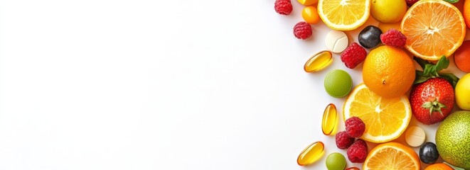 Vitamins are a group of substances that are needed for normal cell function, growth, and development. Vitamins banner with copyspace for custom design and messages.