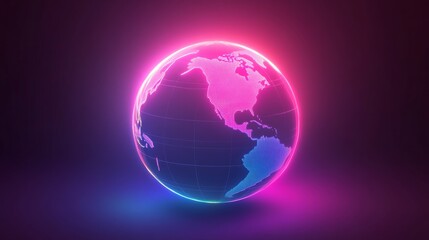 A glowing, neon colored globe with the continents of North America