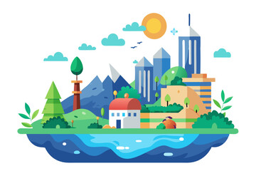 Naklejka premium A Cityscape with Mountains, Trees, and a River in a Sunny Day