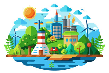 Fototapeta premium Cityscape with Wind Turbines and Green Spaces, Depicting Sustainability