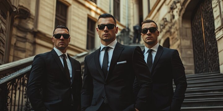 bodyguards in black suits, ties, and sunglasses