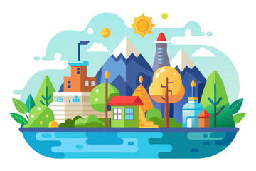 Fototapeta premium A Colorful Illustration of a Town by a Lake with Mountains in the Background