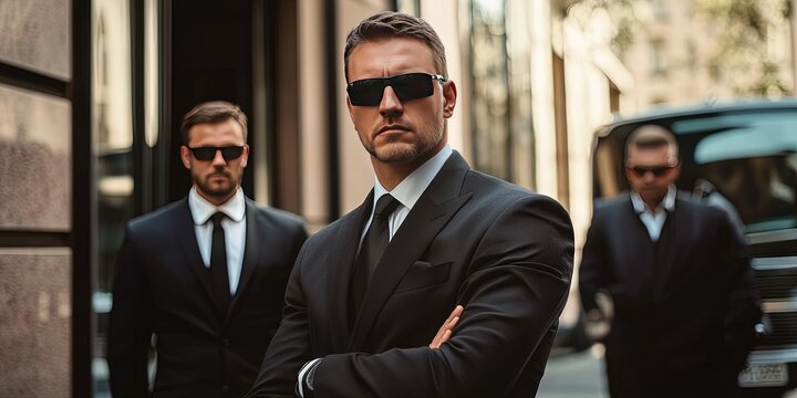 bodyguards in black suits, ties, and sunglasses