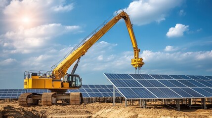Obraz premium Yellow Crane Lifting Solar Panels in a Field