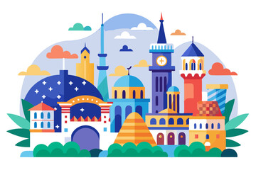 Fototapeta premium A Colorful Illustration of Diverse Architectural Structures in a Cityscape