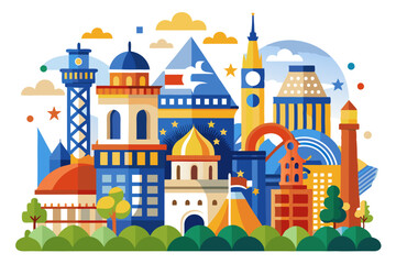 Colorful Flat Illustration of Famous Architectural Landmarks Around the World