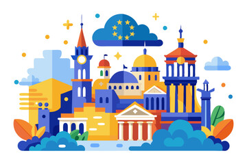 European Cityscape with a Cloud Shaped Like the European Union Flag