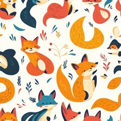 A colorful pattern featuring various stylized fox illustrations among floral elements.