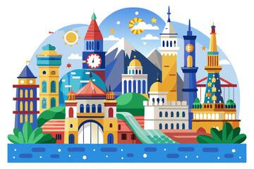 Colorful Cityscape with Famous Landmarks and a Waterpark