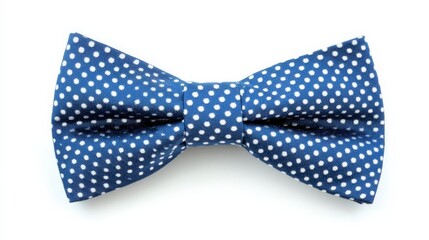 A blue bow tie with white polka dots isolated on a white background.