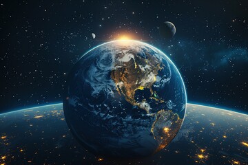Naklejka premium Earth from space with city lights glowing on the surface, surrounded by stars and other celestial bodies in the background
