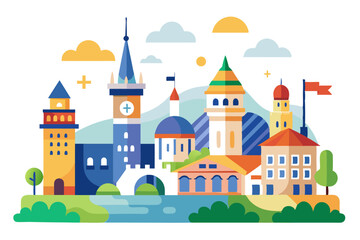 Colorful Flat Illustration of a European Cityscape with Buildings, River, and Trees