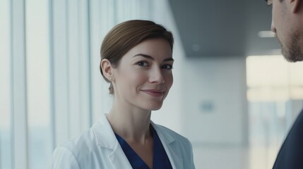 Fototapeta premium A medical salesman in a black suit and blue shirt, with a warm smile on his face, communicates with his colleagues. It presents a bright prospect for medical and commercial cooperation.