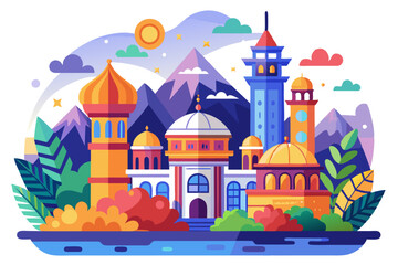 Fototapeta premium Colorful Cityscape with Minarets, Mountains, and Lush Greenery