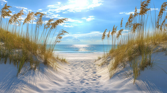 Sandy Beach Dune Path. A sandy path through beach dunes leading to the ocean on a sunny day.