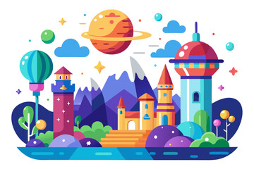 Fototapeta premium A Colorful Fantasy City with Towers and a Planet in the Sky