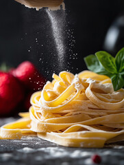 Fresh Homemade Tagliatelle Pasta Nest with Flour Dusting and Basil Leaves on Rustic Kitchen Table