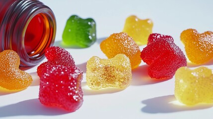 Colorful gummy vitamins spilled from a bottle, symbolizing health and nutrition in a fun and tasty form.