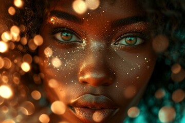 Close up portrait of glamorous black woman with shimmering glitter makeup and vibrant bokeh background, capturing her captivating gaze, evoking a sense of allure and confidence