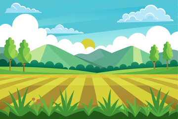 Obraz premium Cartoon Landscape with Green Hills, Fields, and Sun