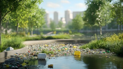 75. 3D visualization of an urban park with litter and waste affecting recreational areas and wildlife, isolated on a smooth backdrop