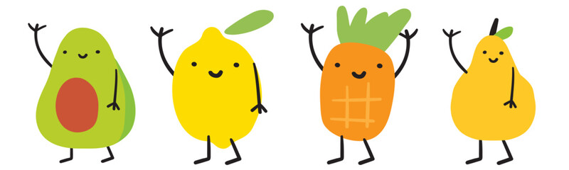 Cute smiling fruits. Avocado, lemon, pineapple, pear. Flat design. Hand drawn illustration on white background.