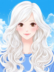 A vibrant illustration of a woman with long wavy blond hair and brown eyes, showcasing bold outlines and luminous shades.