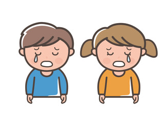 悲しくて泣く男の子と女の子の上半身イラスト（小学生、幼児、子供）