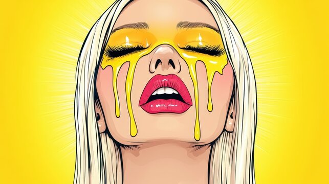 A vibrant pop art piece capturing a blonde woman in anguish, her tears reflecting heartbreak and betrayal.