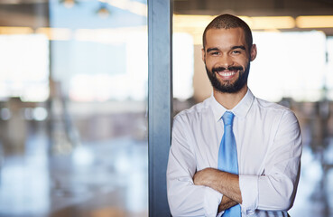 Fototapeta premium Portrait, smile and business man with arms crossed for career pride, experience and integrity in Brazil. Face, confident and happy professional entrepreneur, employee and expert underwriter in office