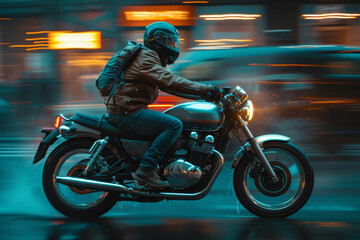 Fototapeta premium Motorcyclist riding through city streets at night, side view capturing motion blur panning effect from city lights and reflections on wet road, embodying spirit of adventure and urban exploration
