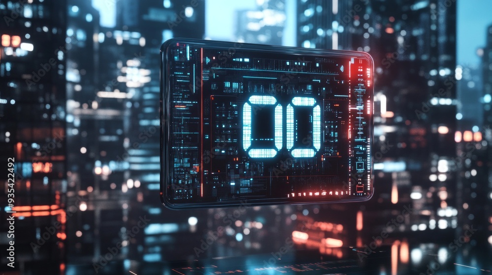 Poster a sleek digital timer glows brightly in a futuristic cityscape. the high-tech design features glowin
